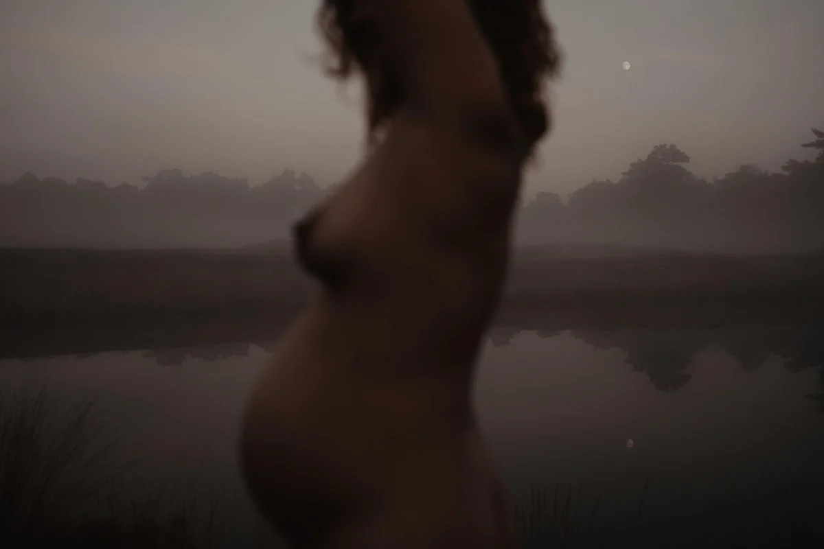 Een vintage effect foto van een zwangere vrouw buiten in de natuur met een mistige achtergrond